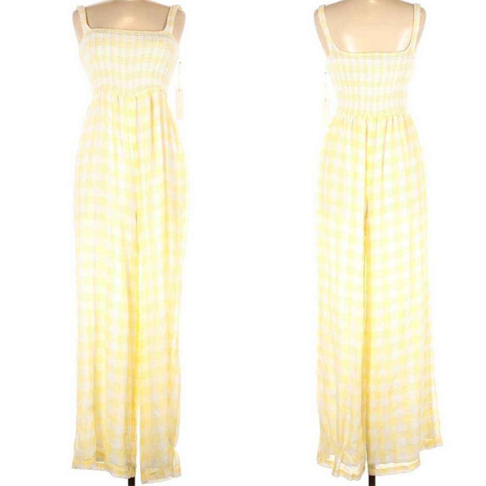 Anthropologie Capulet Wren Smocked Jumpsuit Yellow Gingham Sz L NWT - Picture 8 of 14